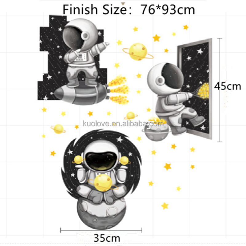 Astronaut Spaceship Cartoon Wall Sticker Black And White Space Planet Wallpaper Baby Boy Bedroom Decorative Wall Decal