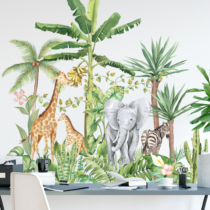 Green Tropical Plant Stickers Cartoon Elephant Giraffe Zebra Wallpaper For Kid's Bedroom Living Room Decorative Wall Decal