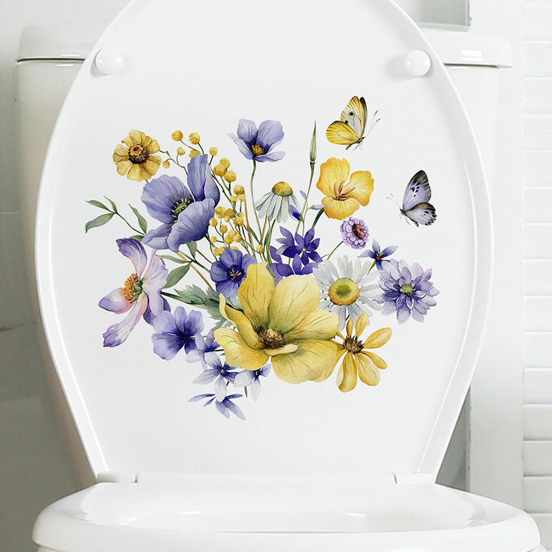 Daisy yellow small flower butterfly toilet wall sticker bathroom bathtub decoration wallpaper self-adhesive PVC sticker