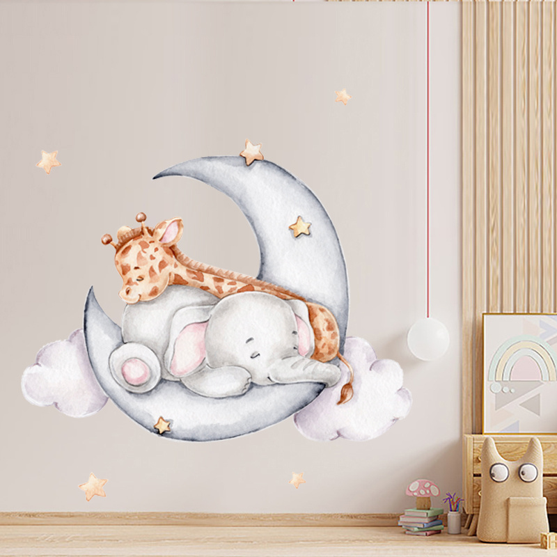 Sleeping Giraffe Elephant Cartoon Wall Stickers Living Room Decals Creative Kid's Bedroom Wallpaper Children's Decorative Murals