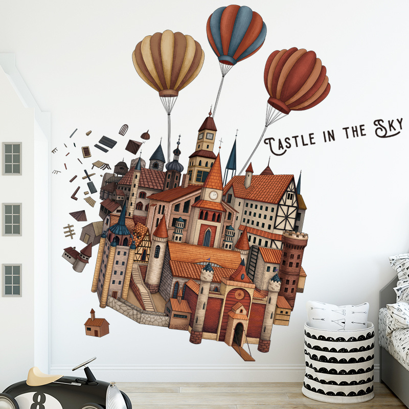 Cartoon Castle Hot Air Balloon Wallpaper Cute Home Decoration Wall Mural For Kid Living Room Bedroom Sofa Background Wall Decal