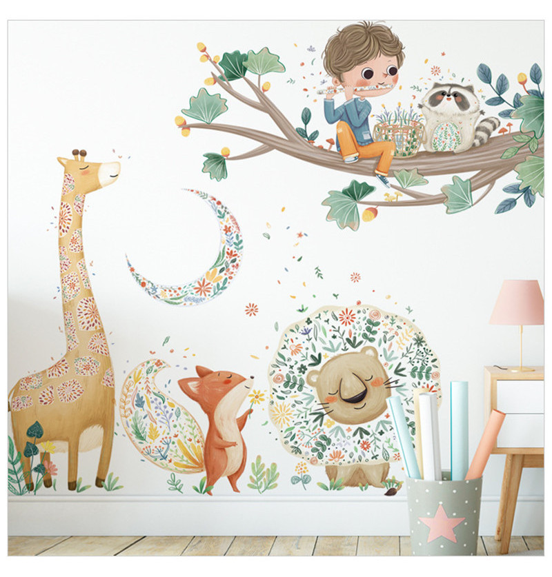 Cute Boy With Giraffe Fox Lion Wallpaper Removable Kid's Bedroom Decoration Children's Living Room Stickers Cartoon Home Decor