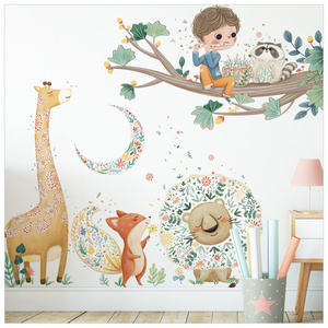 Cute Boy With Giraffe Fox Lion Wallpaper Removable Kid's Bedroom Decoration Children's Living Room Stickers Cartoon Home Decor