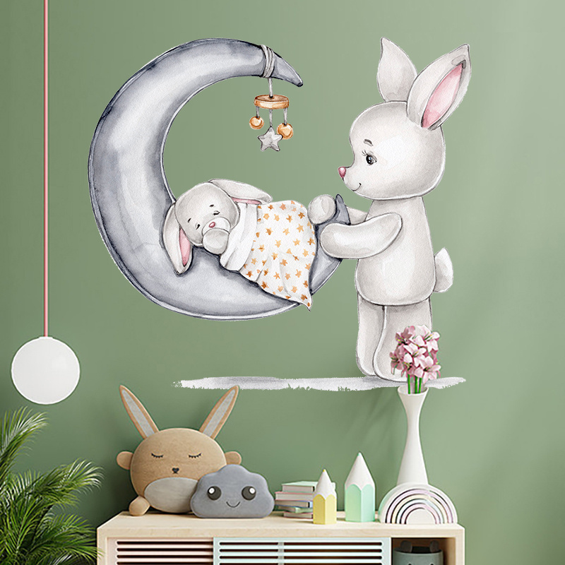 Sleeping Rabbit Baby Wall Stickers Living Room Cartoon Decals Creative Kid's Bedroom Wallpaper Children's Decorative Murals