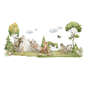 Aerial forest Wall Sticker Forest animal elk Decals  Living Room Decorative Wallpaper