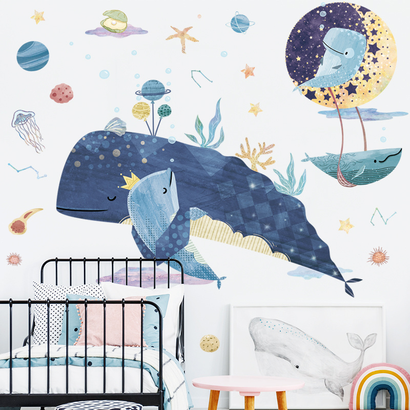 Blue Whale Stickers For Room Wall Creative Planets Decor Removable TV Sofa Background Wallpaper Kid's Bedroom Wall Decal