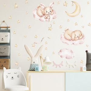 Sleeping Rabbit Cartoon Stickers Moon Stars Wallpaper Bedroom Decorative Decals For Kids Self Adhesive TV Background Murals