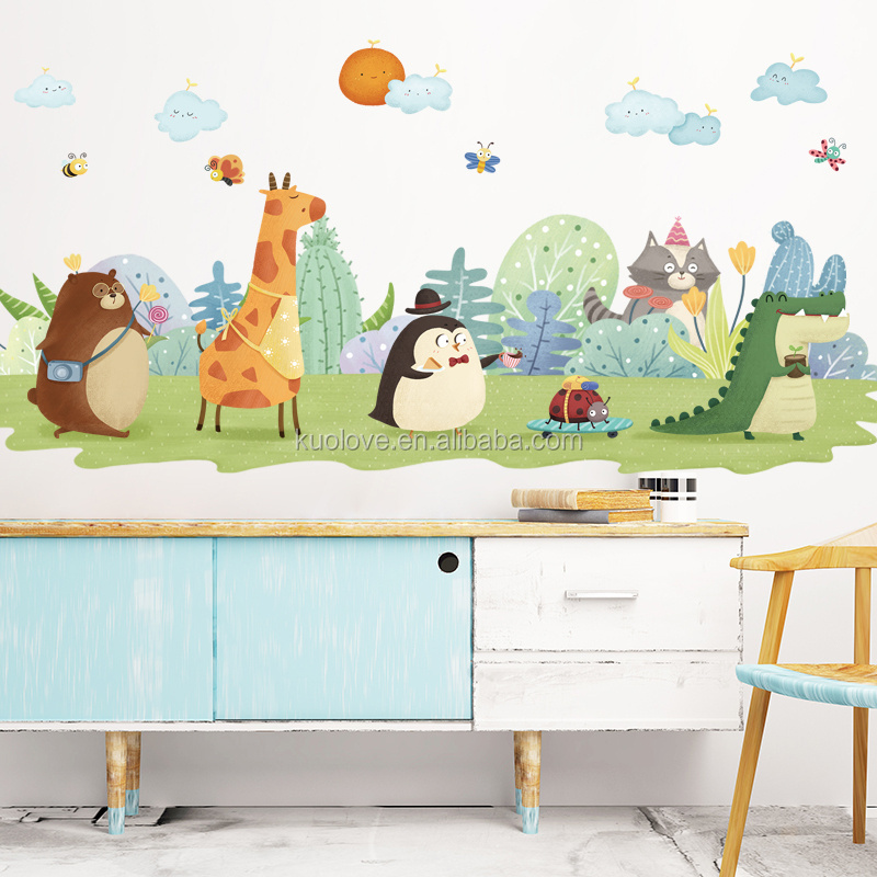 Cartoon Animal Wallpaper Dinosaur Giraffe Penguin PVC Removable Wall Sticker For Kindergarten Children's Room Decor Wall Decal