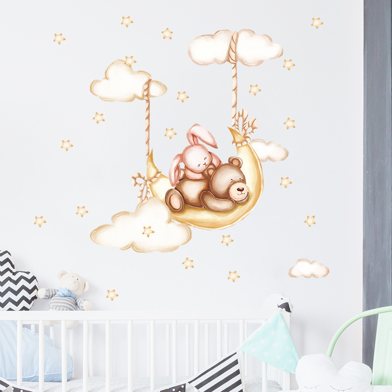 Sleeping Bear Rabbit Wall Sticker Self Adhesive Clouds Stars Bedroom Decals Creative Kid's Living Room Decorative Wallpaper