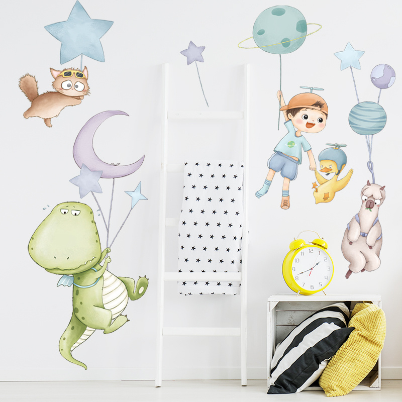 Dinosaur Cartoon Stickers Creative Little Boy Moon Stars Wallpaper For Bedroom Self Adhesive Kid's Living Room Decorative Decal