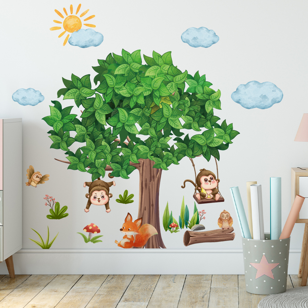 Forest small animals Wall Sticker Cartoon Monkey Fox Decals Living Room Decorative Wallpaper