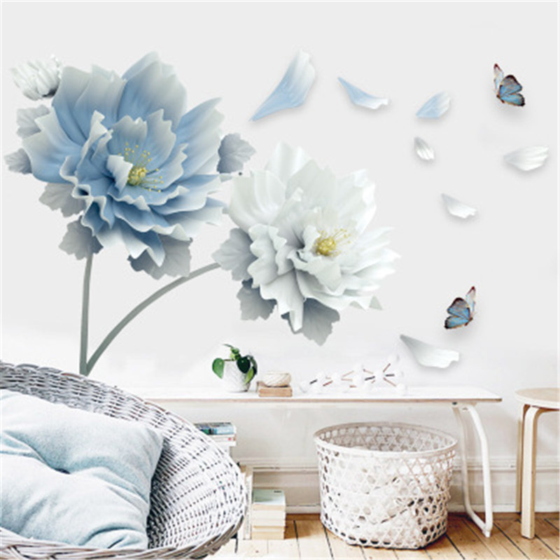 Light Blue And White Flowers Stickers For Room Wall Cute Butterfly Wallpaper For Living Room Creative TV Background Wall Mural