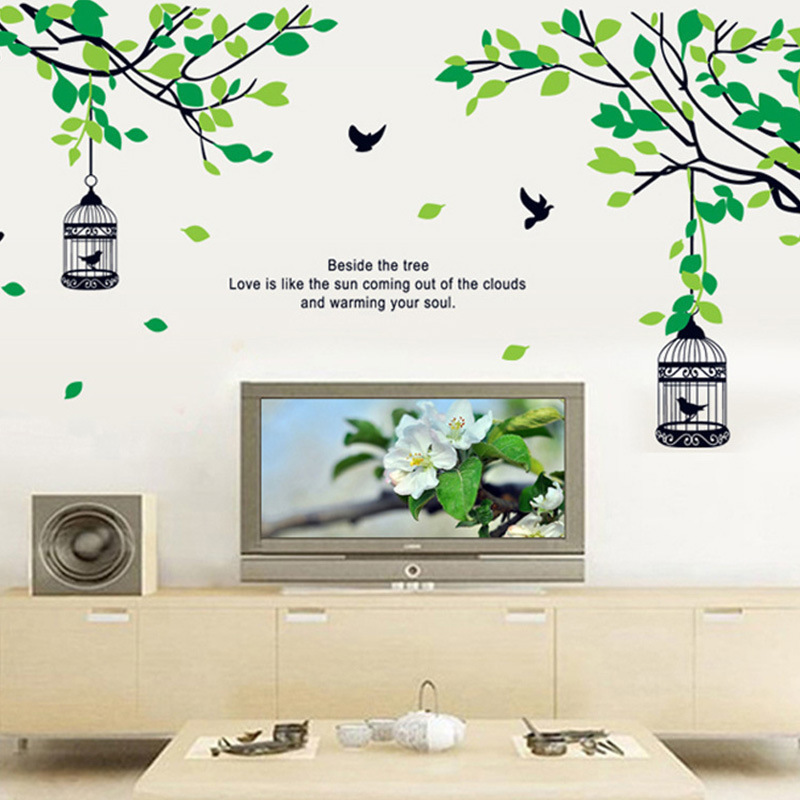 Forest Bird Cage Wall Sticker Green Small Fresh Bird Cage Decals Living Room Decorative Wallpaper