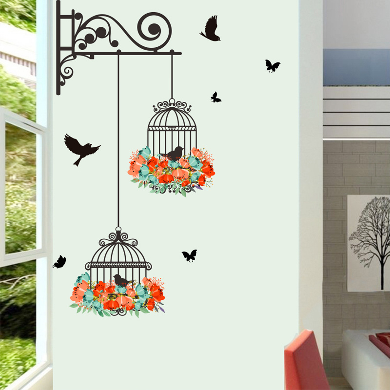 Blooming Flowers Birds Birdcage Stickers For Room Wall Creative Bedroom Home Decor Living Room Decorative Decals