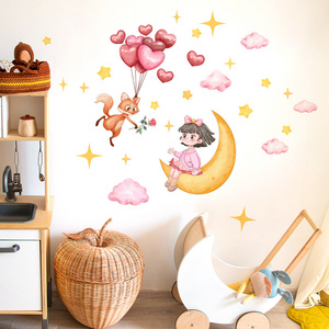 Fox Stars Heart-shaped Balloon Lovely Girl On The Moon Wall Sticker Self-adhesive And Removable Wallpaper