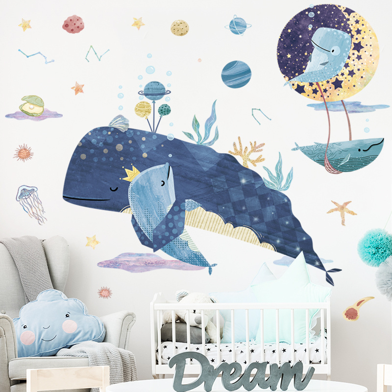 Blue Whale Stickers For Room Wall Creative Planets Decor Removable TV Sofa Background Wallpaper Kid's Bedroom Wall Decal