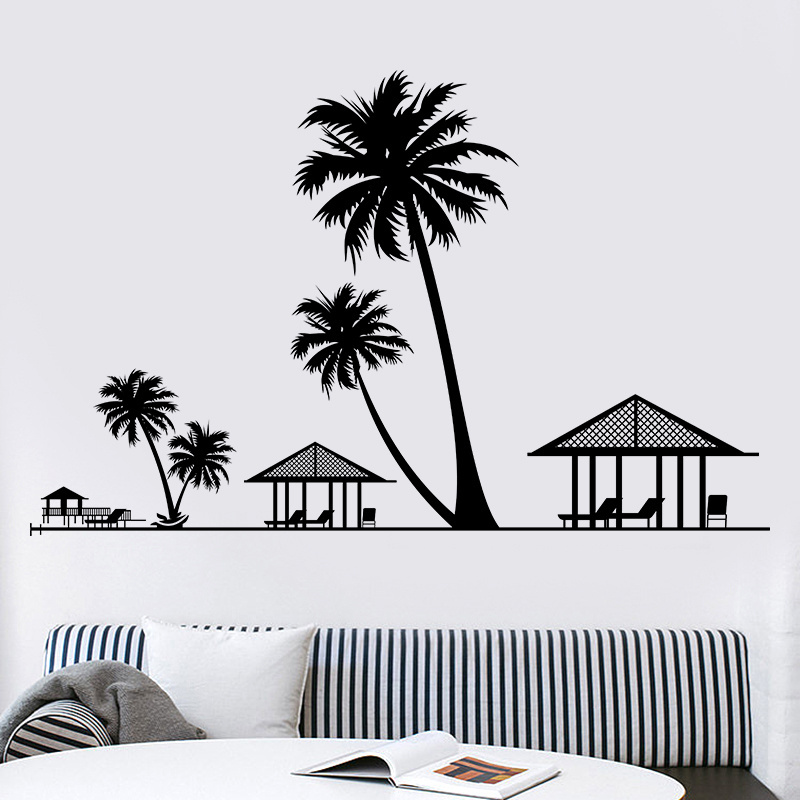 Seaside Resort Wall Sticker Beach Coconut Trees Wallpaper Creative Bedroom Decals Living Room Decorative Murals