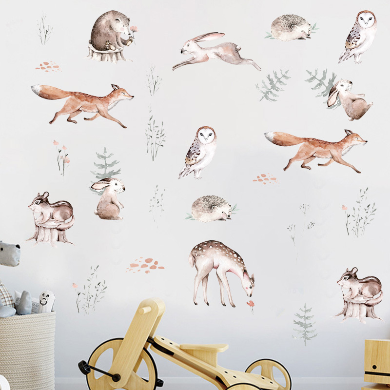 Forest Animals Wall Sticker Cartoon Fox Rabbit Sika Deer Owl Wallpaper For Children's Room Kid's Living Room Creative Wall Mural