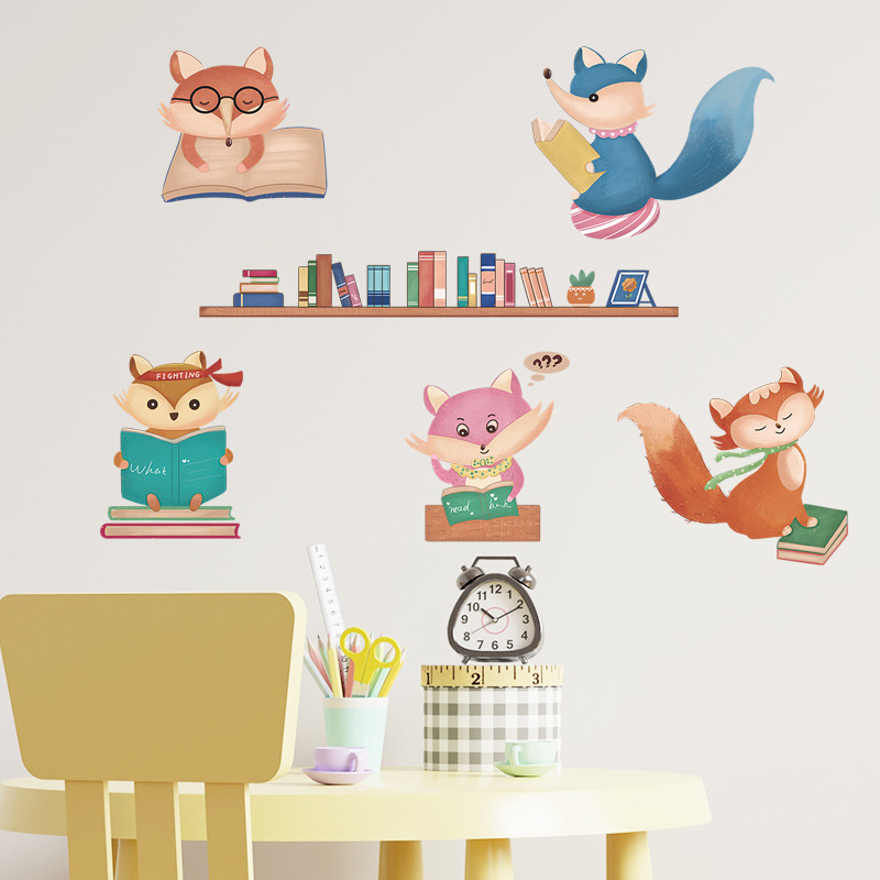 Cartoon Fox Wall Sticker Self Adhesive Fox Reading Bedroom Decals Creative Kid's Living Room Decorative Wallpaper