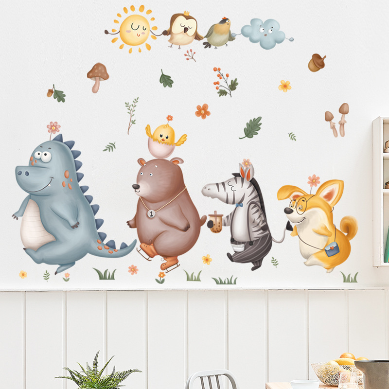 Cartoon Animal Combination Wall Sticker  Cartoon Dinosaur Zebra Bear Dog Bird Decals  Living Room Decorative Wallpaper