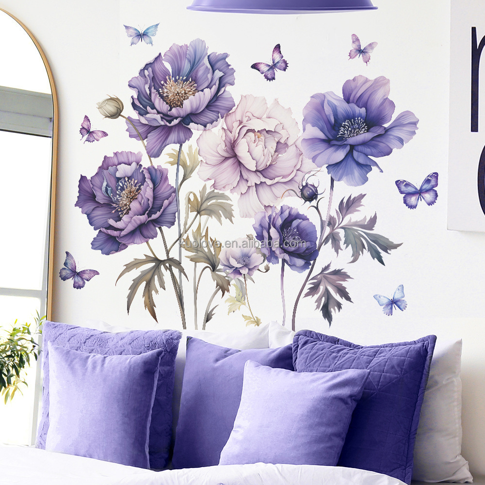 Beautiful Painted Purple flowers Butterfly wall stickers Living room bedroom decoration stickers self-adhesive PVC wallpaper