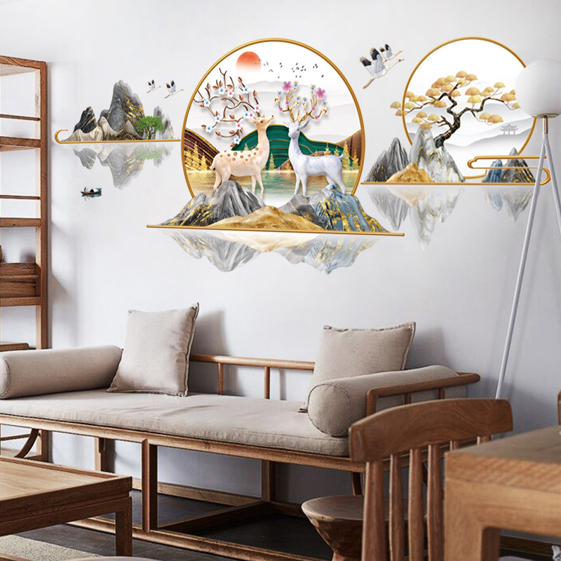 Chinese style sika deer Wall Sticker Mountains rivers lakes and water Decals Living Room Decorative Wallpaper