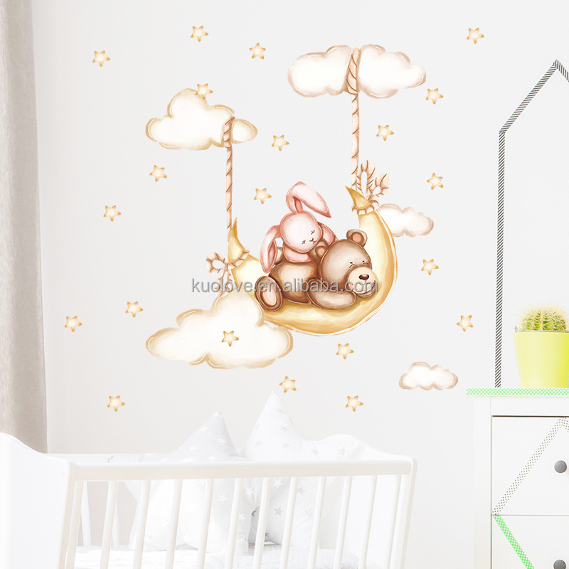 Sleeping Bear Rabbit Wall Sticker Self Adhesive Clouds Stars Bedroom Decals Creative Kid's Living Room Decorative Wallpaper