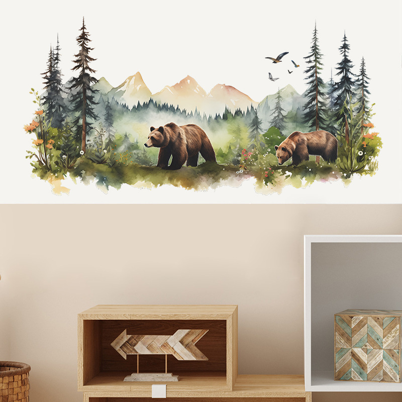 Cartoon animal brown bear Wall Sticker Dream Forest Decals Living Room Decorative Wallpaper