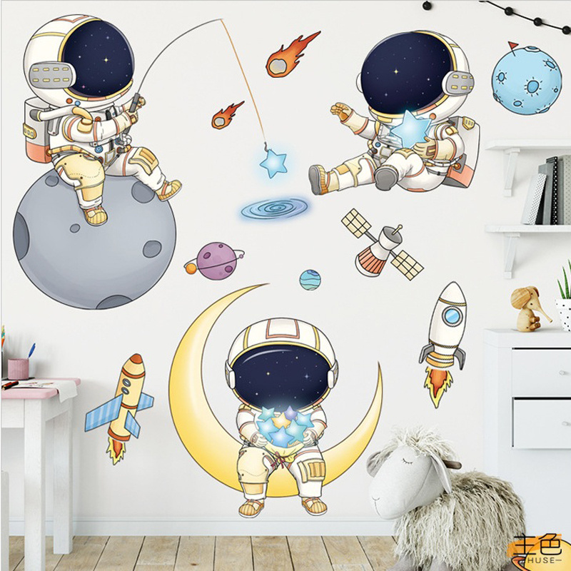 Cartoon Astronaut Space Ship Planet Wall Mural Home Decoration For Kid's Living Room Bedroom TV Sofa Background Decor Wall Decal