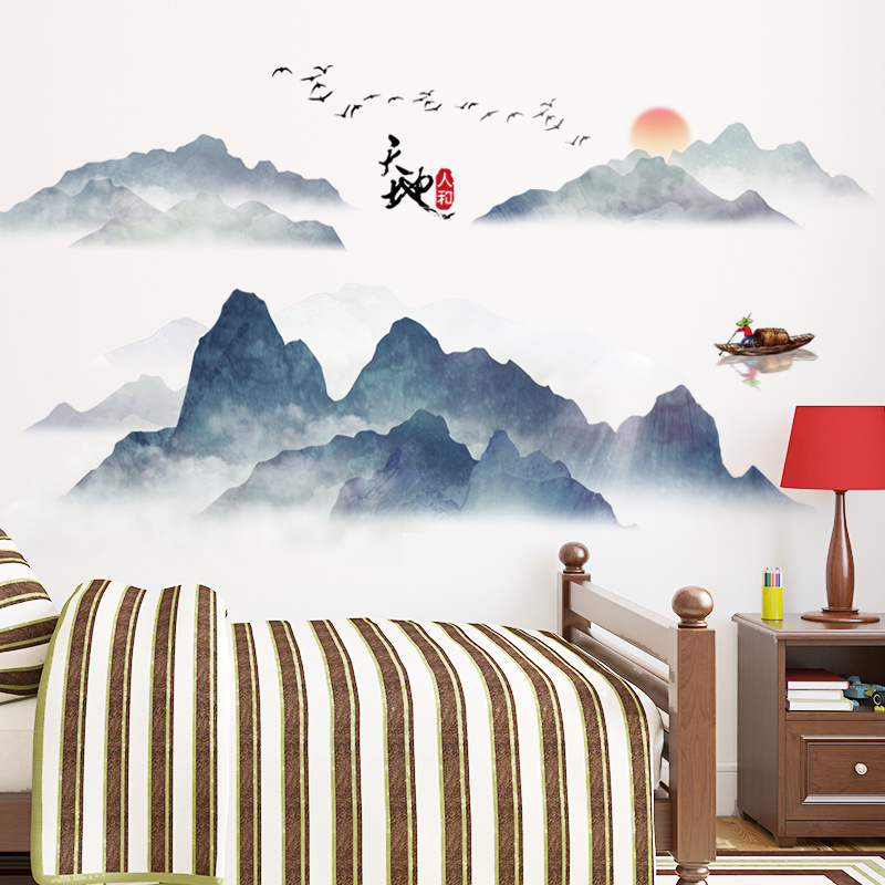 China Style Distant Mountain And Water Landscape Wallpaper Home Decor Wall Sticker For Living Room Bedroom Office Wall Decal