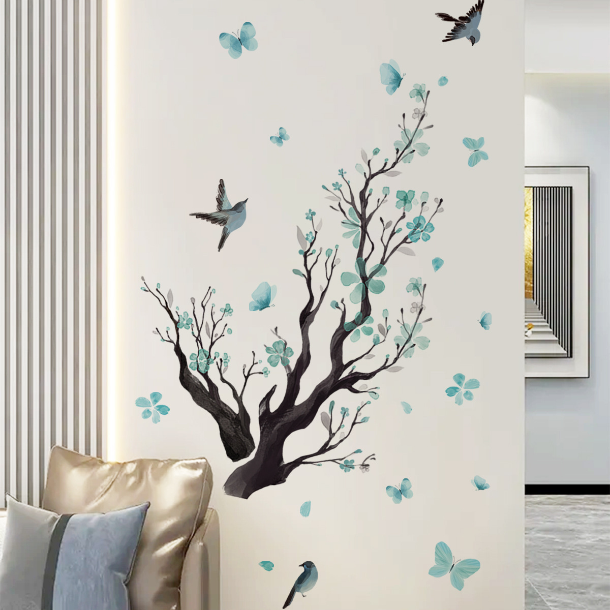 Blue Flower Branch Wall Sticker Aqua Blue Butterfly Decals Living Room Decorative Wallpaper