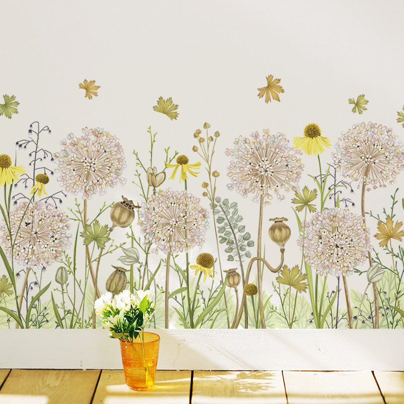 Cute Dandelion With Yellow Small Flowers Wall Sticker Plants Wallpaper Home Decoration For Girl Living Room Bedroom Wall Decal