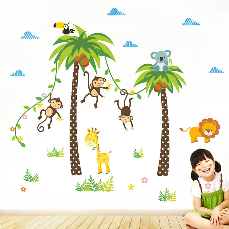 Green Coconut Tree Wallpaper Cartoon Monkey Lion Giraffe Stickers Tropical Plant Wall Decal For Kid's Bedroom