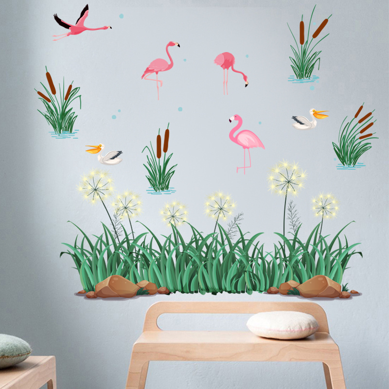 Hot Sale Pink Flamingo Stickers Green Grass Wallpaper Creative TV Background Decorative Decals Kid's Bedroom Wall Mural