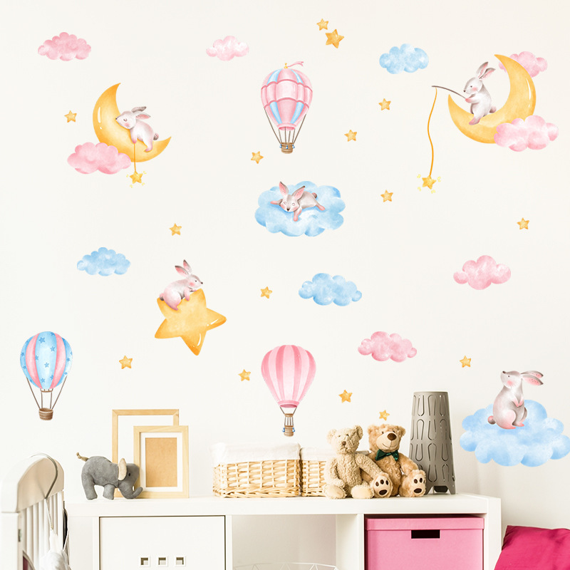 Cartoon Rabbit Family Wall Sticker Cartoon Rabbit Star Moon Decals Living Room Decorative Wallpaper