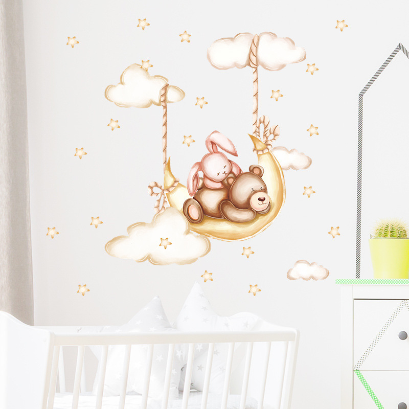 Sleeping Bear Rabbit Wall Sticker Self Adhesive Clouds Stars Bedroom Decals Creative Kid's Living Room Decorative Wallpaper