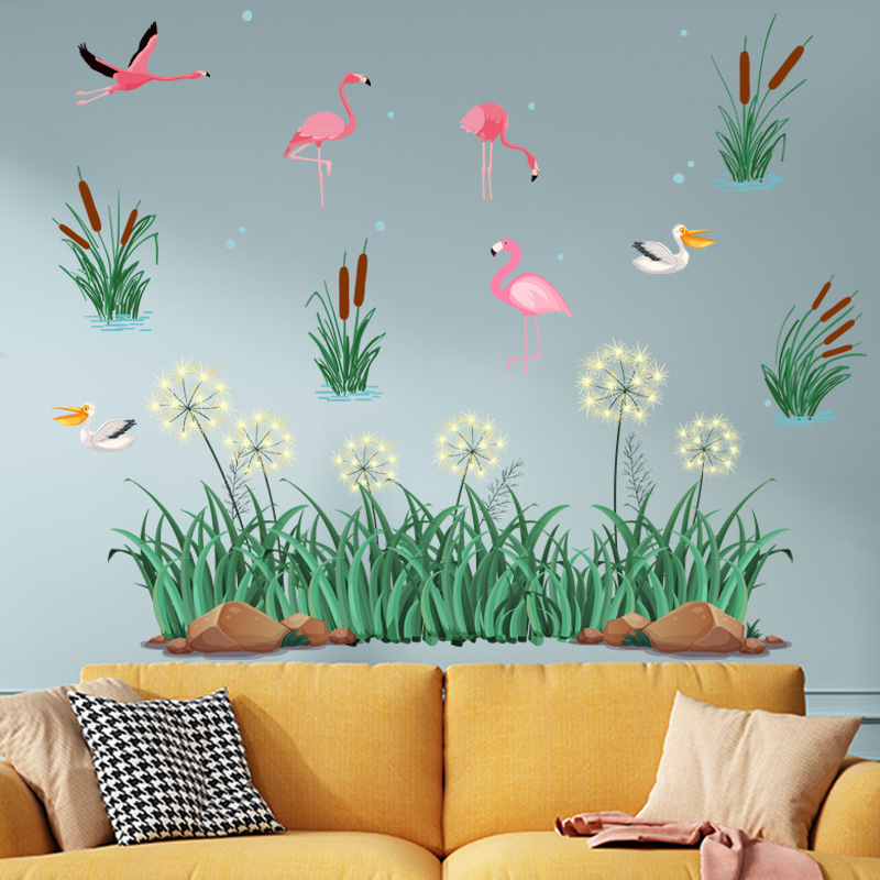 Hot Sale Pink Flamingo Stickers Green Grass Wallpaper Creative TV Background Decorative Decals Kid's Bedroom Wall Mural