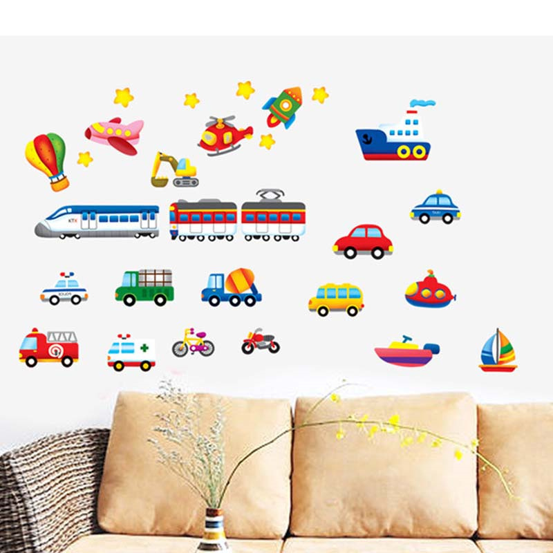 Trains Wall Sticker Creative Bus Steamship Airplane Wallpaper Bedroom Decals Living Room Decorative Wallpaper