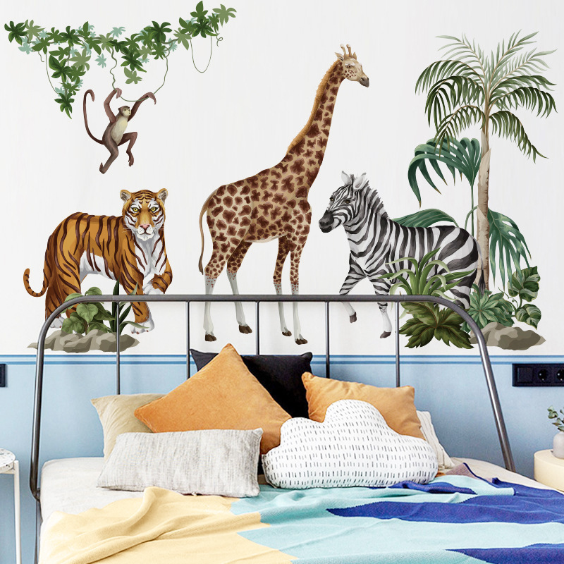 jungle animals Wall Sticker Nordic plant animal, giraffe, horse, leopard Decals Living Room Decorative Wallpaper