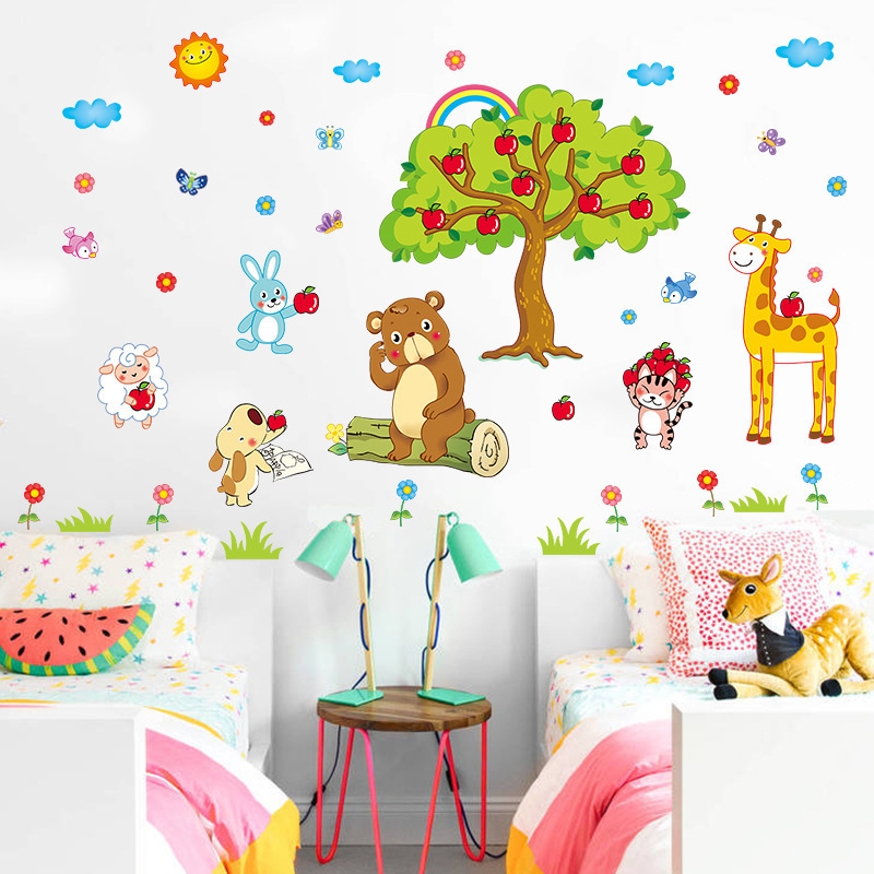 Cute Forest Animal Cartoon Stickers Creative Kid's Bedroom Wallpaper Self Adhesive Children's Living Room Decorative Wall Decal