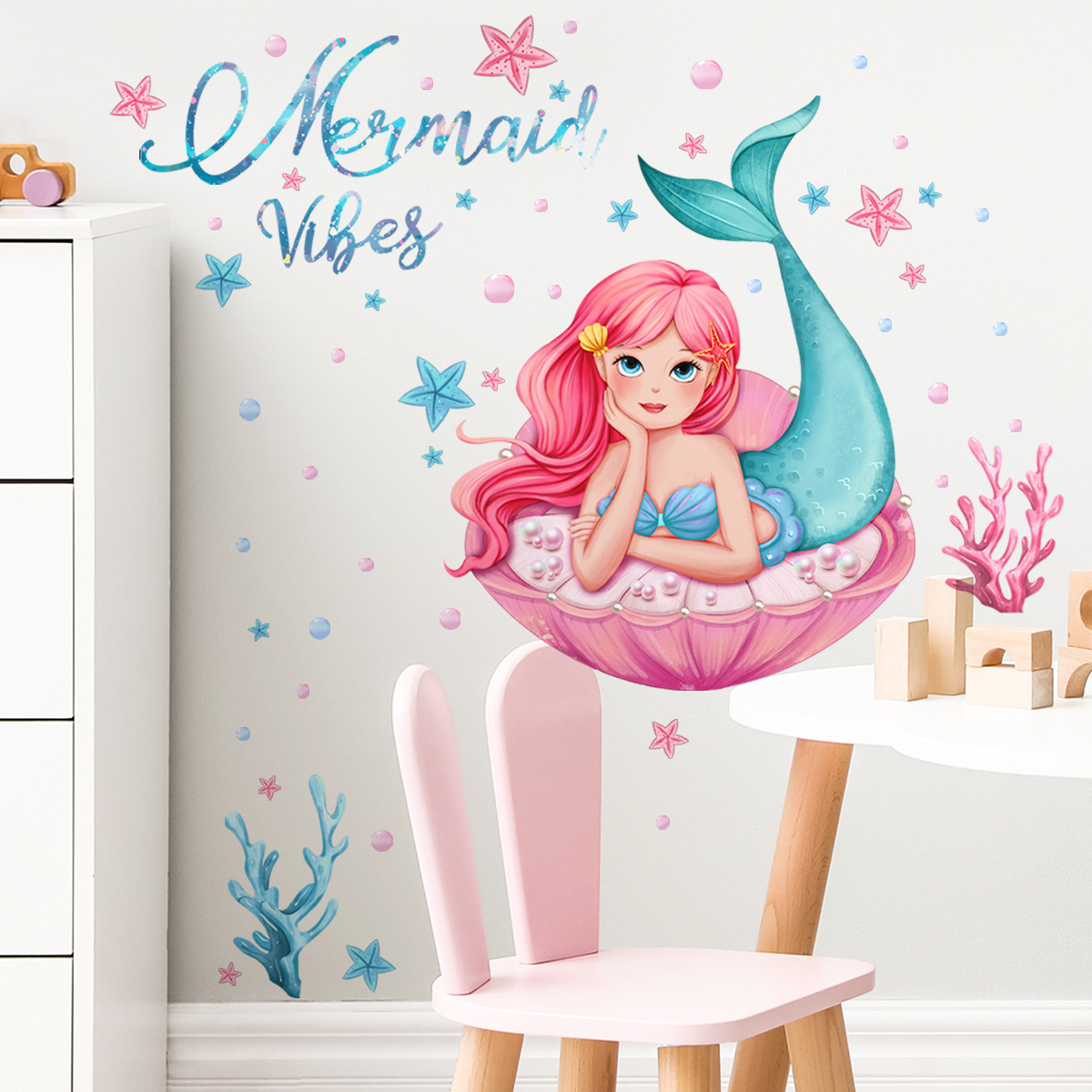 Beautiful Mermaid Wall Sticker Cartoon Shell Coral Decals Living Room Decorative Wallpaper