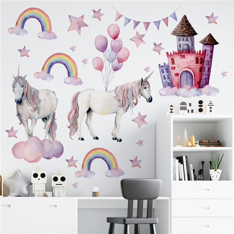 Two White Horse Unicorn Wall Sticker Pink Balloons Stars Rainbow Castle Wall Decal For Girl's Living Room Bedroom Wallpaper