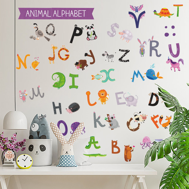 Cartoon Animals Alphabet Stickers Creative Wallpaper For Bedroom Self Adhesive Living Room Decorative Mural TV Background Decal