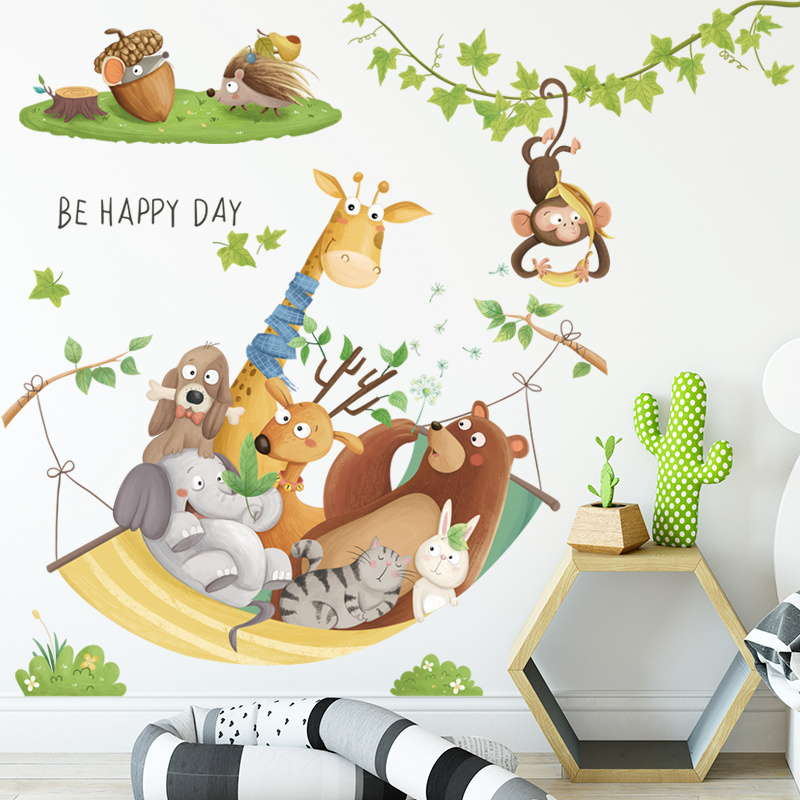 Cartoon Animal Wall Mural Cute Giraffe Monkey Bear Stickers Home Decoration For Living Room Bedroom Background Decor Wall Decal