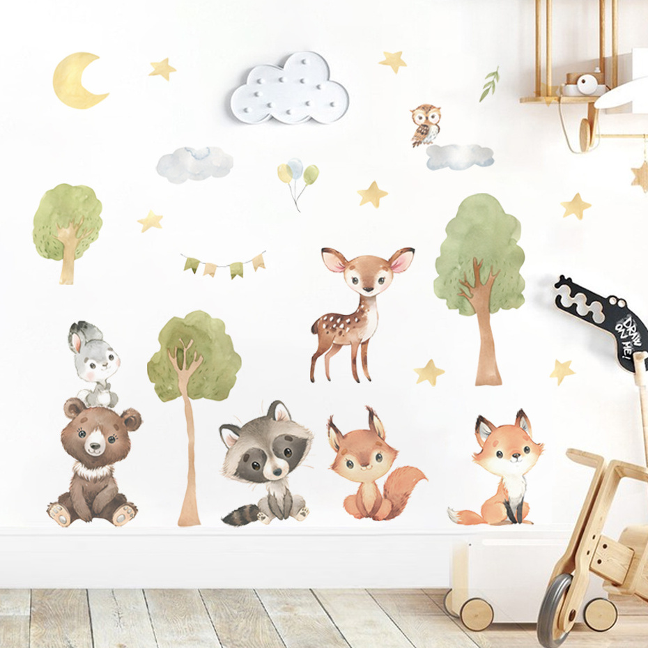 Forest Animals Wall Sticker Fox Rabbit Bear Sika Deer Wallpaper Creative Bedroom Decals Living Room Decorative Cartoon Murals