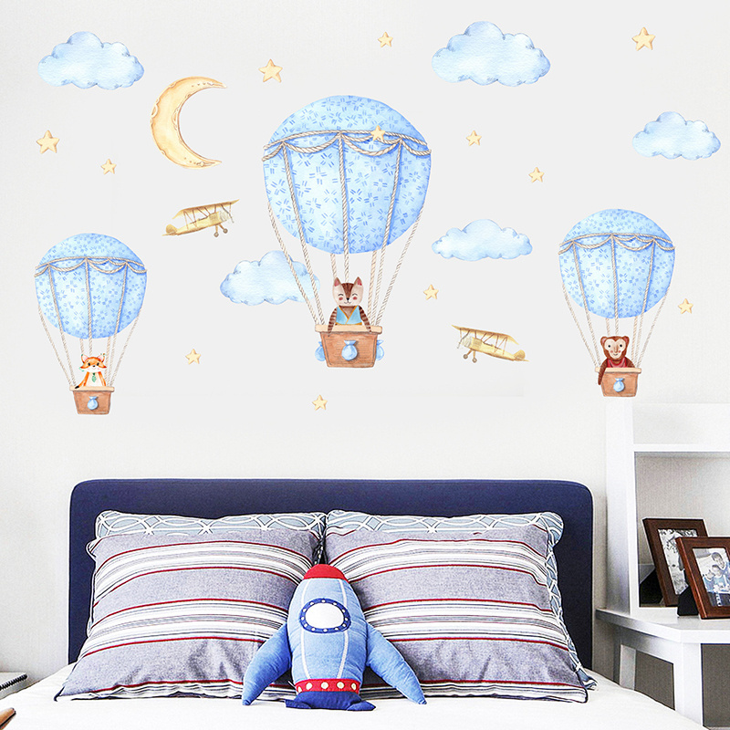 Green Hot Air Balloon With Rabbit Wall Stickers Cartoon Bunny Wallpaper For Kid's Bedroom Cute Kindergarten Wall Decal