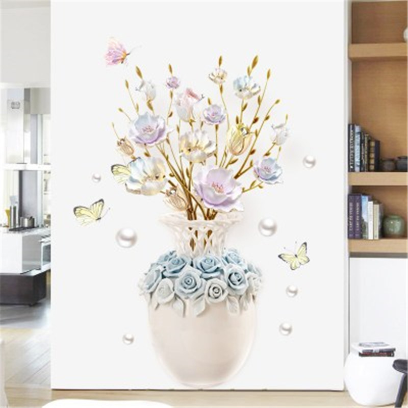 Light Blue Flowers Vase Wall Decal Colorful Flower Butterfly Wallpaper For Living Room Bedroom Chinese Style Home Decor Sticker