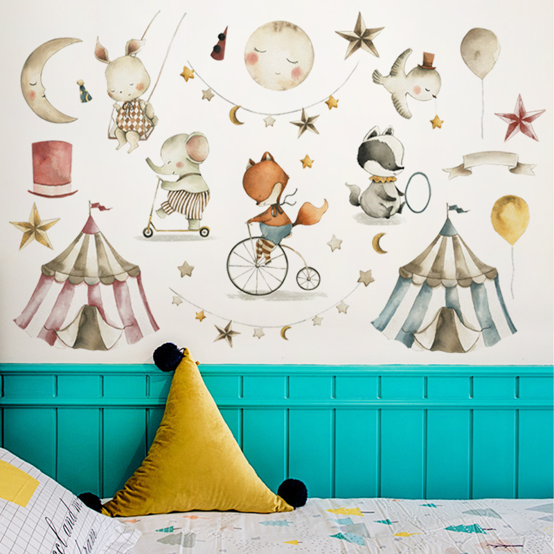 Children's amusement park Wall Sticker Cartoon Fox Elephant Rabbit Circus Decals  Living Room Decorative Wallpaper