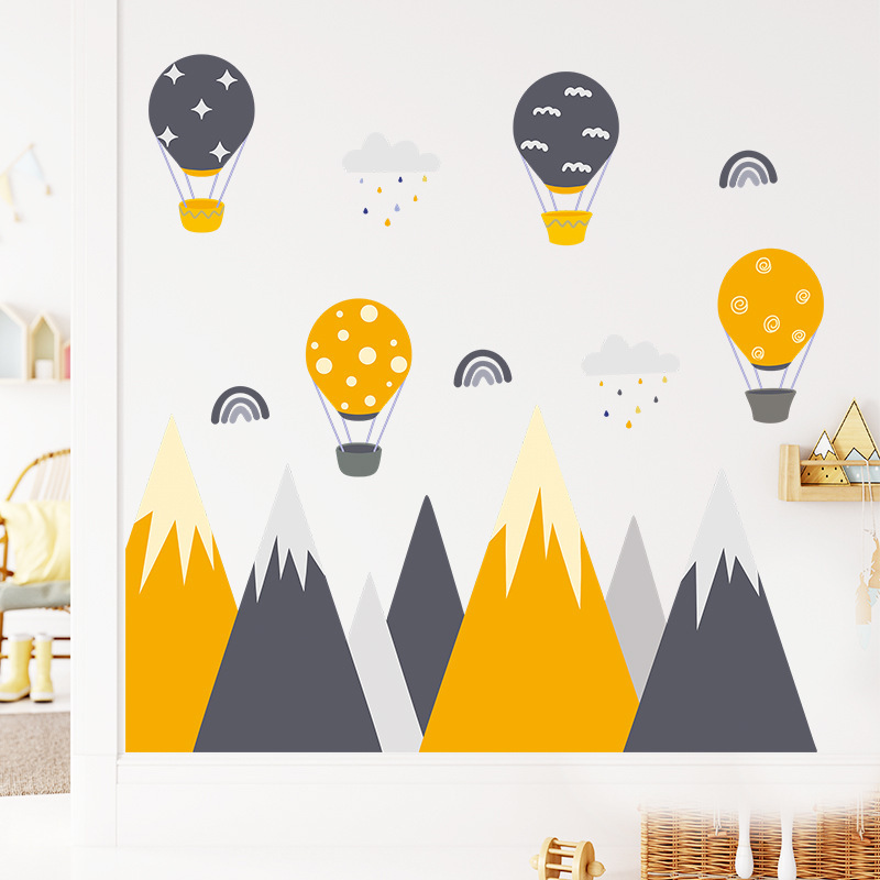 Cartoon Personality Peak Wall Sticker Personalized mountain Hot air balloon Decals Living Room Decorative Wallpaper