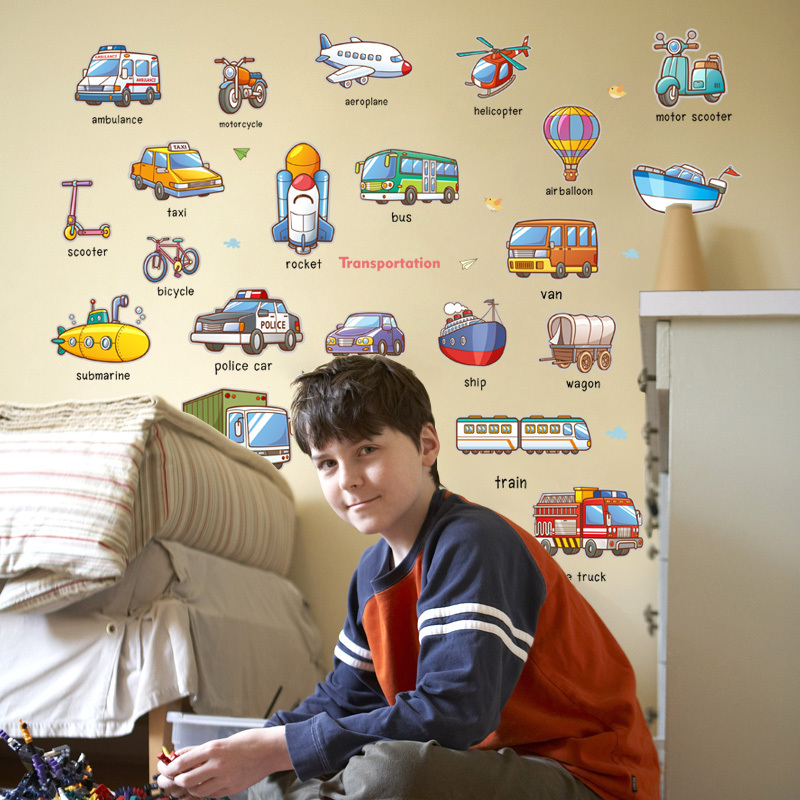 New Design Cartoon Wall Sticker Cars Train Airplane Wallpaper Self Adhesive TV Background Mural Boy's Living Room Decals